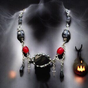 Handcrafted Gothic Black Onyx & Artisan Metalwork Necklace W Skull & Cross Charm